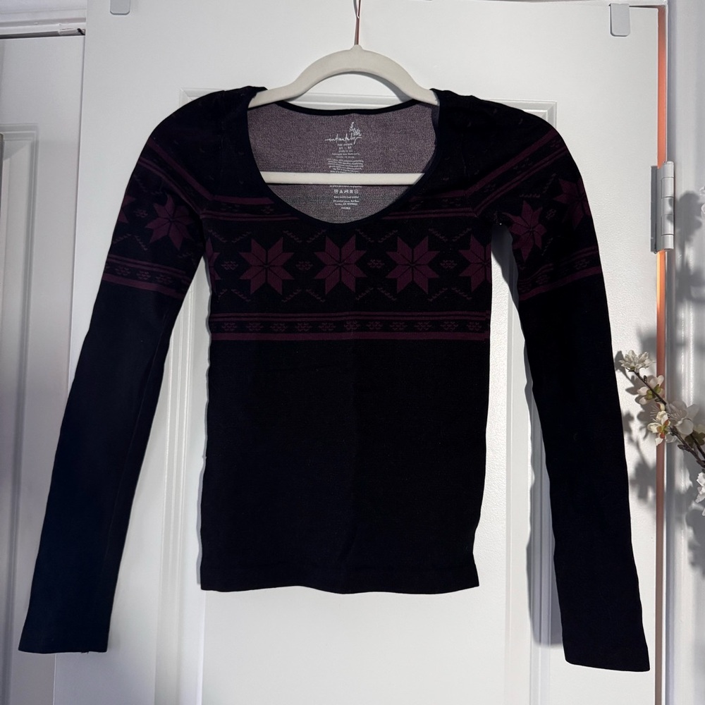 Free People Intarsia Black Printed Seamless Long Sleeve Top XS/S NWOT